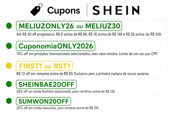 Melhores cupons de desconto Shein lista atualizada